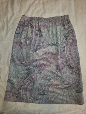 Vintage Graff Abstract Fan-Print Skirt in Dusty Teal and Mauve